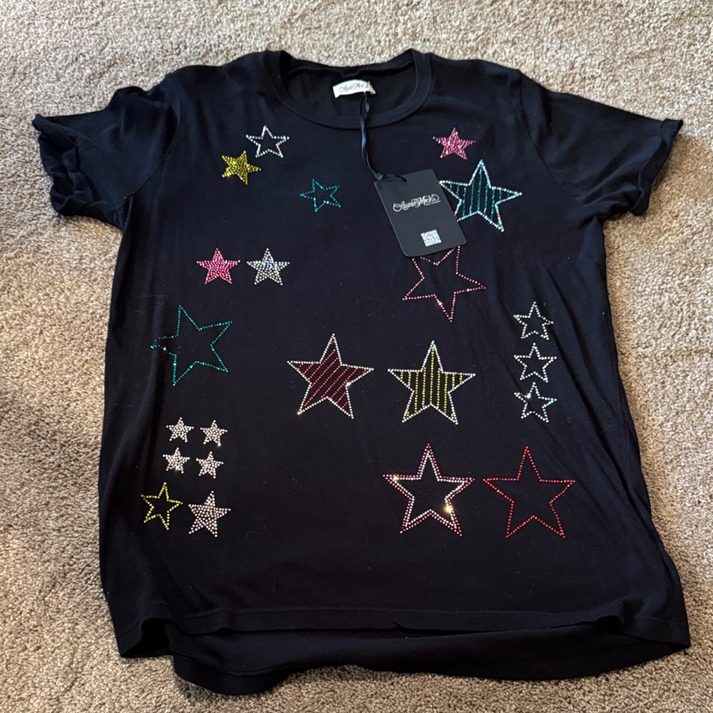 Women’s Lauren Moshi Black Short Sleeve Tee with Multicolor Star Embellishments